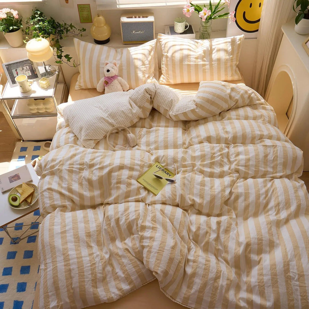 Pastel – Parure de Lit Couette en Crêpe de Coton Rayée