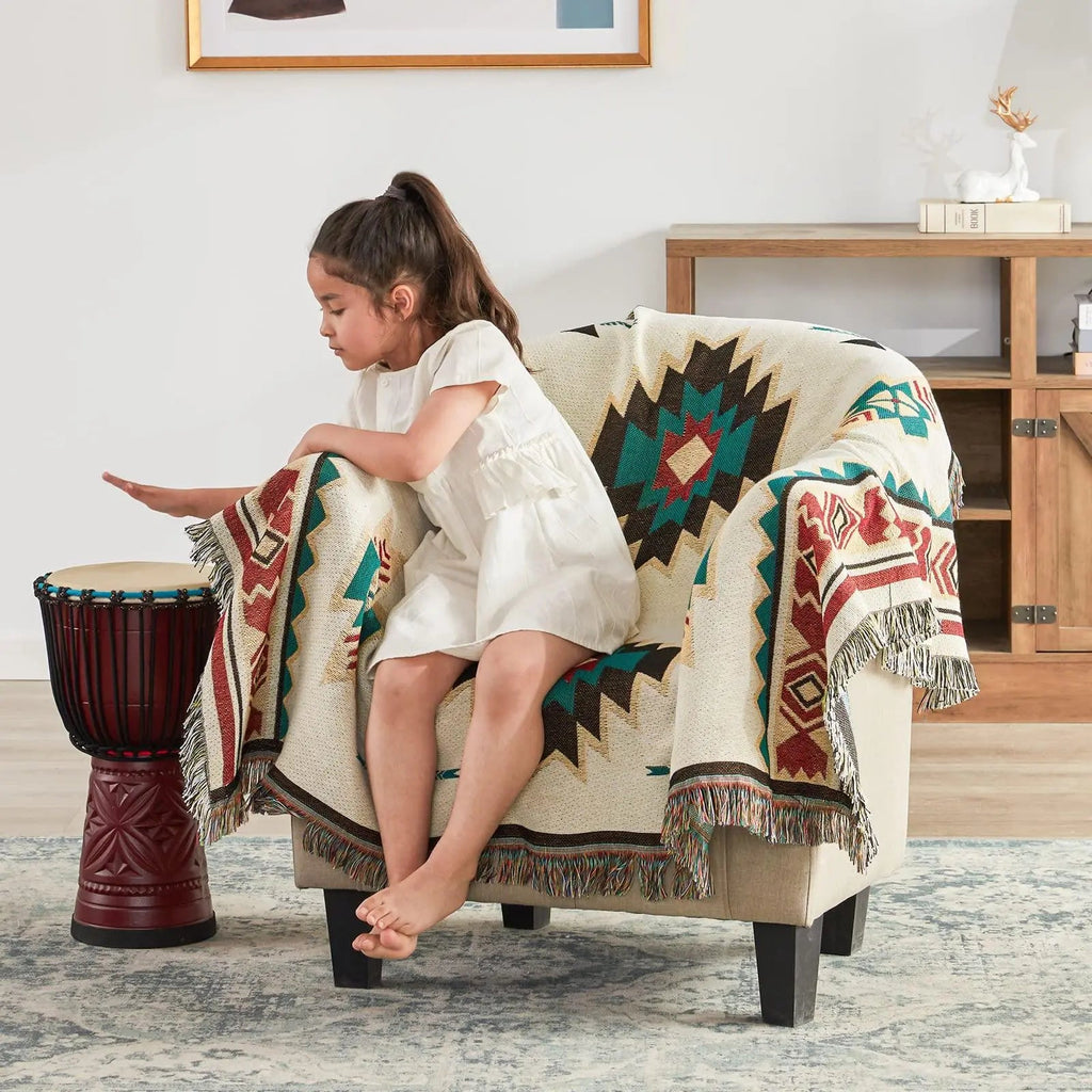 Sahara – Plaid Coton Tissé Aztèque à Franges