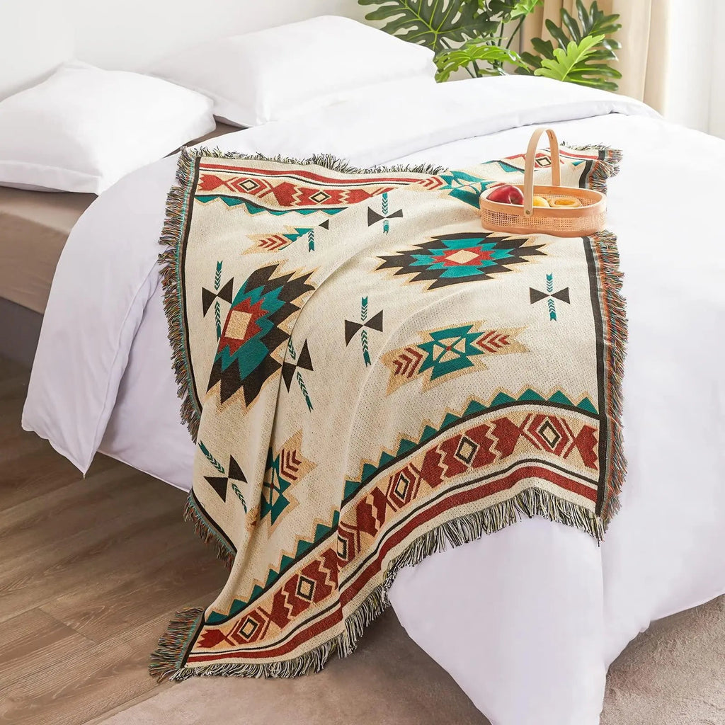 Sahara – Plaid Coton Tissé Aztèque à Franges