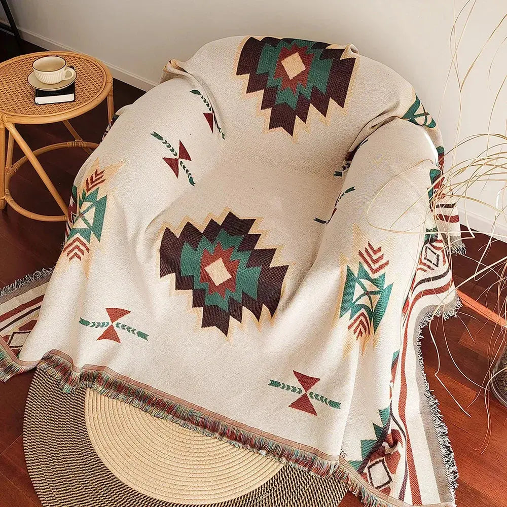 Sahara – Plaid Coton Tissé Aztèque à Franges