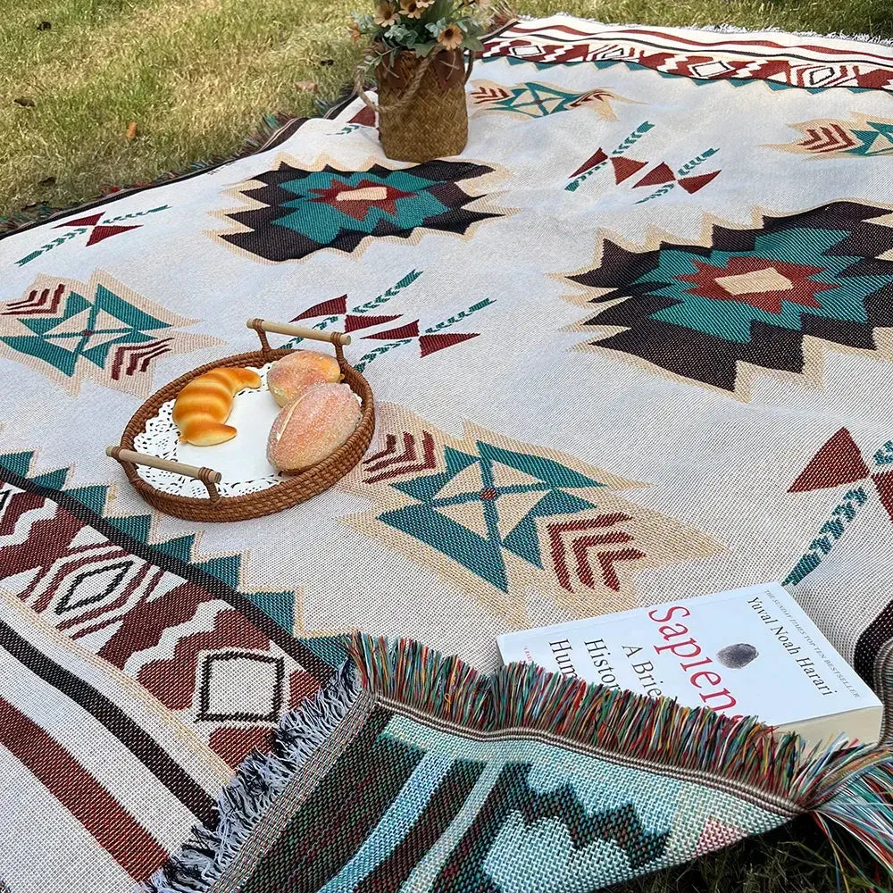 Sahara – Plaid Coton Tissé Aztèque à Franges