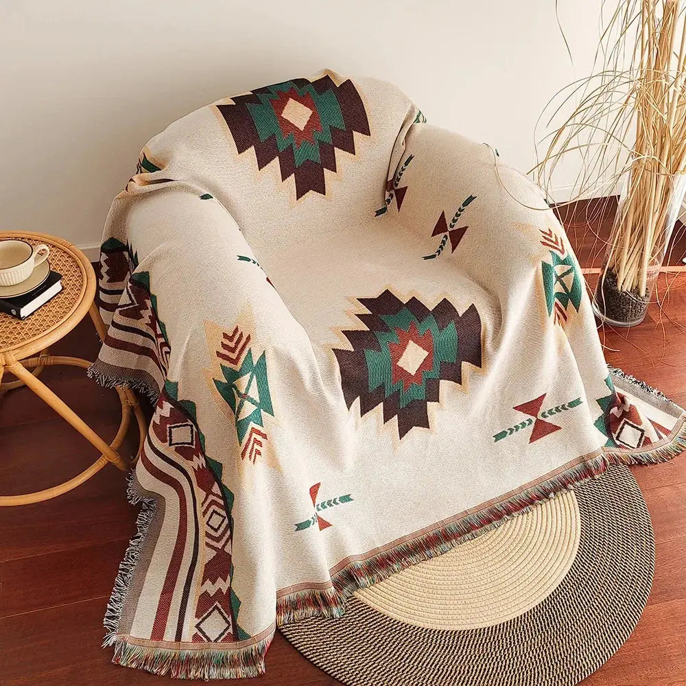 Sahara – Plaid Coton Tissé Aztèque à Franges